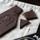 Dark chocolate pieces, including a broken bar segment and a triangular piece, arranged on a light beige linen cloth next to a black chocolate bar 