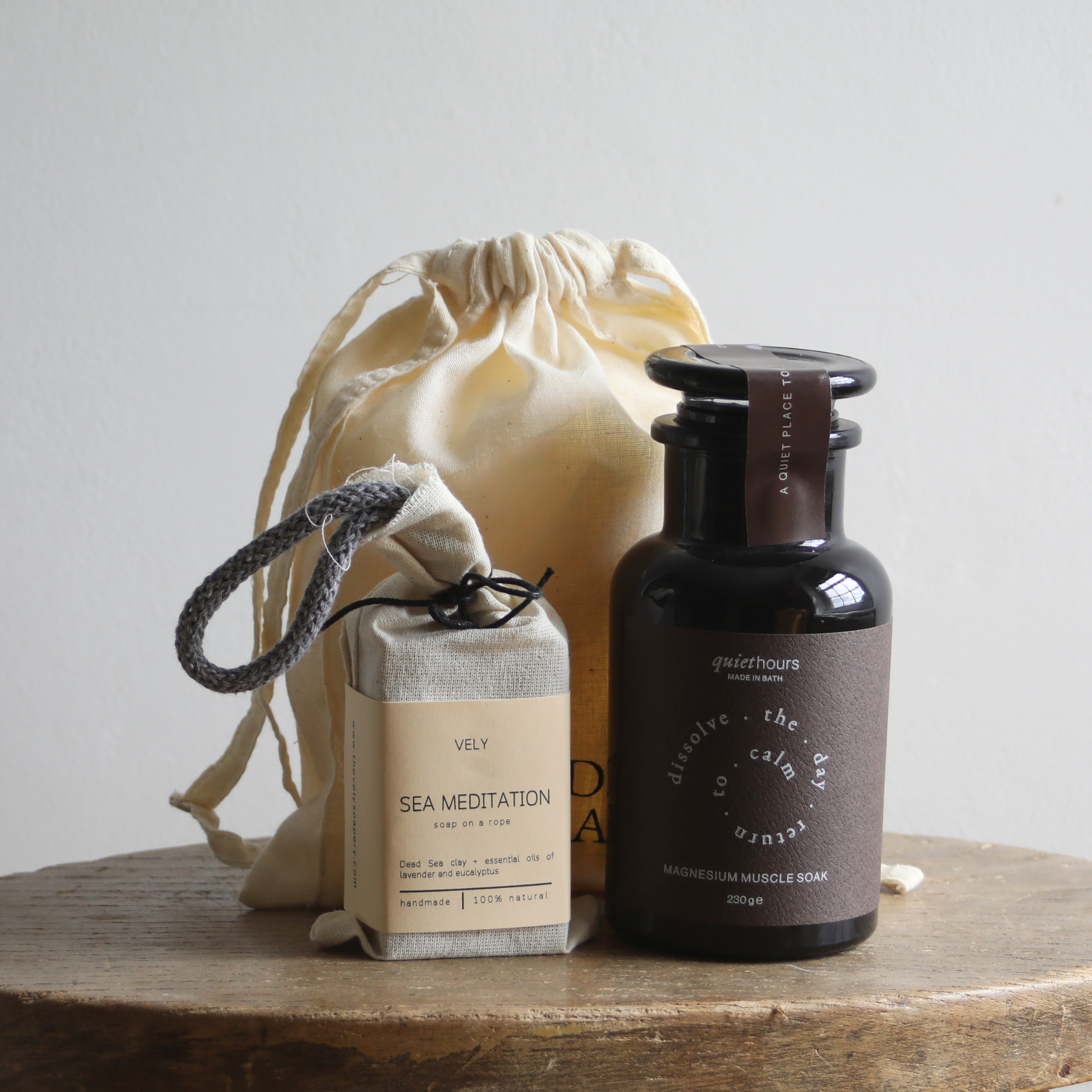 Sea Mediation Soap and Magnesium Muscle Soap with bundle bag in the background