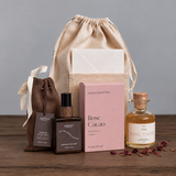 Bride-to-be gift bundle with linen gift bags, Rose Cacao loose-leaf tea, Evening Ritual Mist and rose bath and body oil