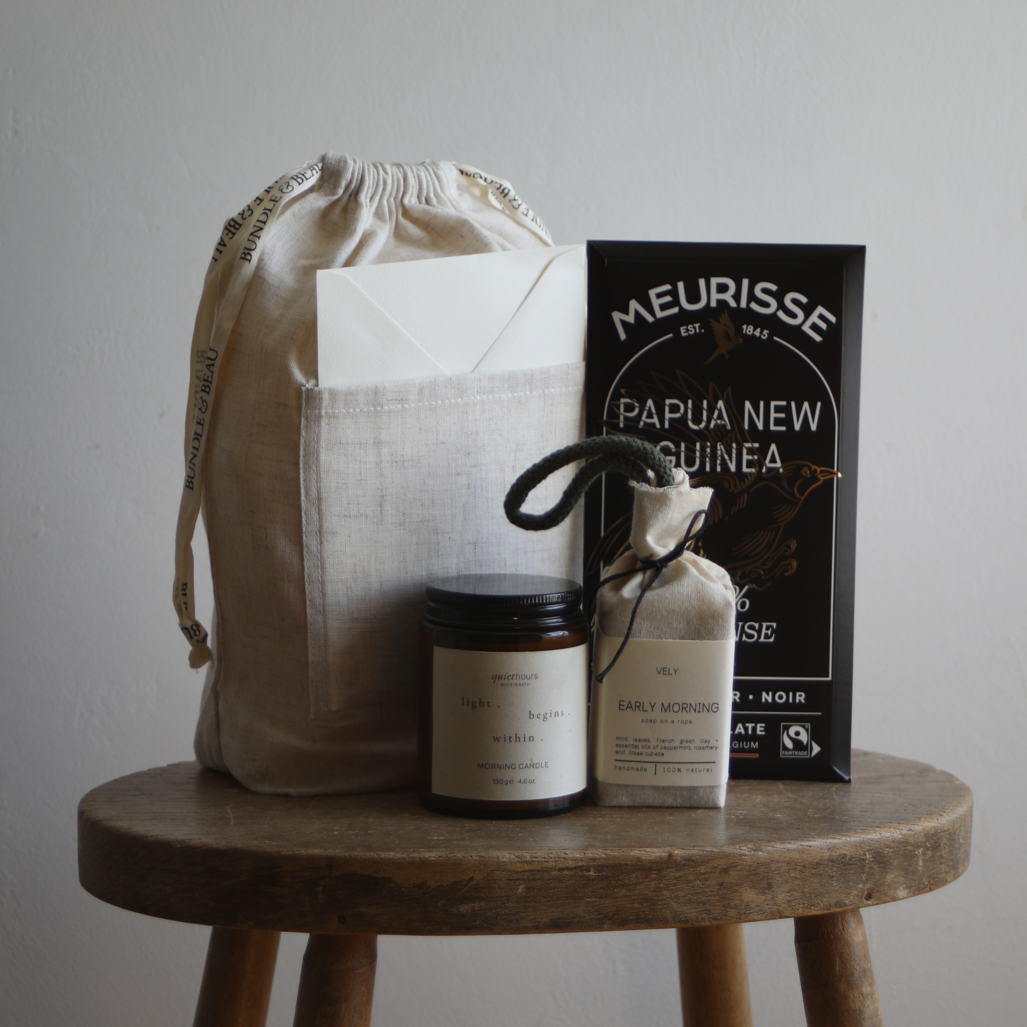 dark chocolate, candle, early morning soap on a rope, bundle bag