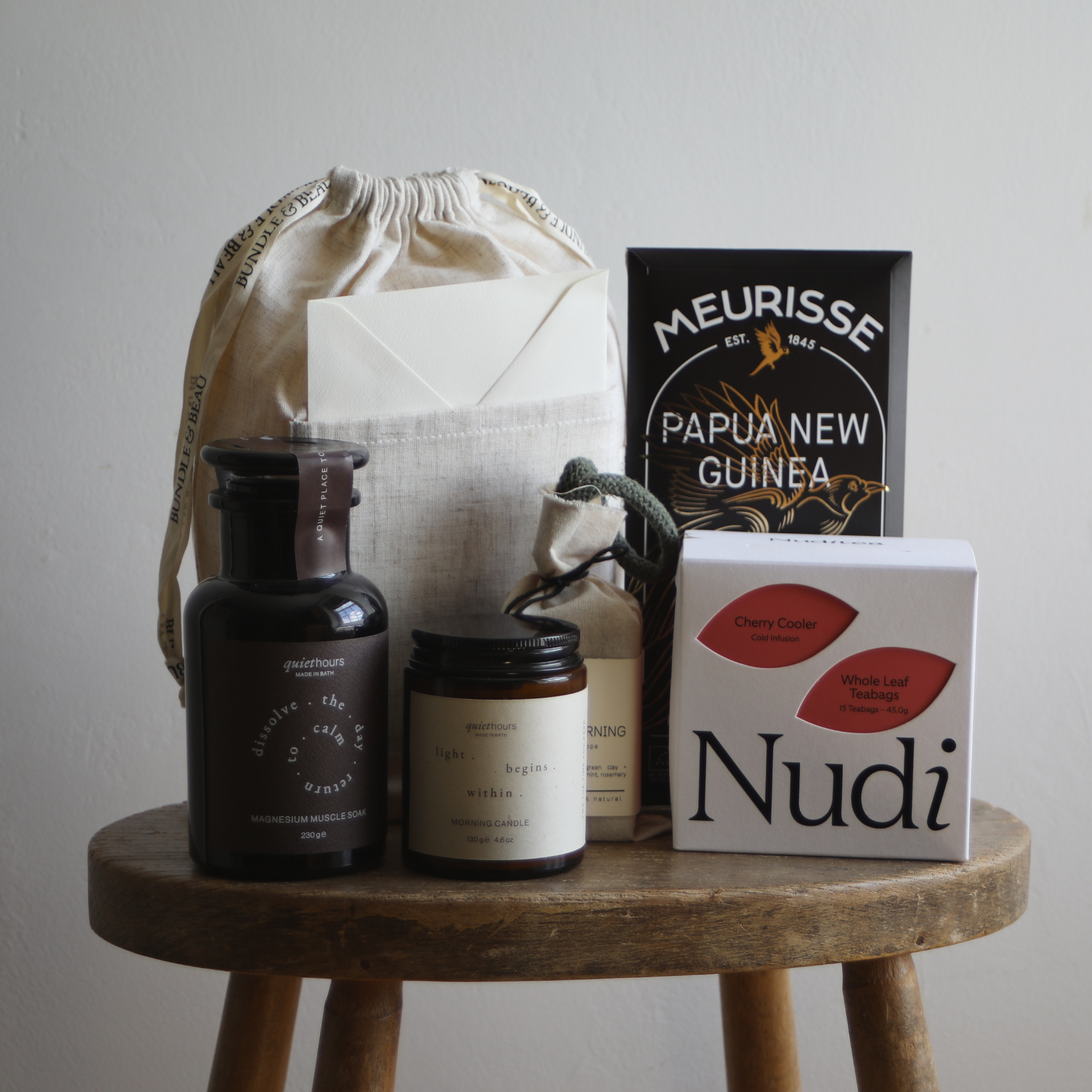 dark chocolate, cherry cooler tea, candle, early morning soap on a rope, bath salts bundle