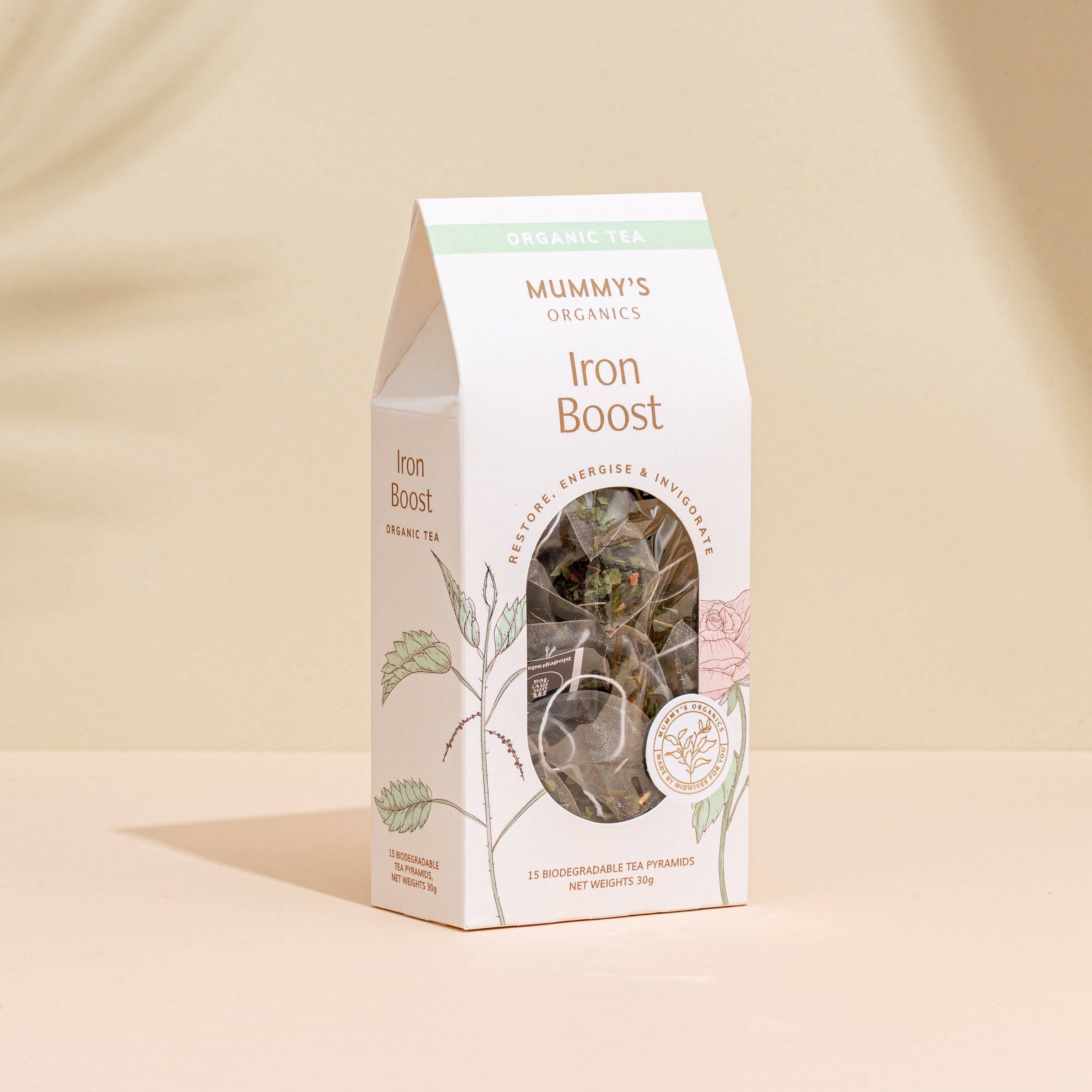 Mummy's Organics Iron Boost package on a beige background